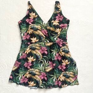 ALISHA LEVINE One-Piece Bikini SwimsuitTropical Print Front Split Sz‎ 14